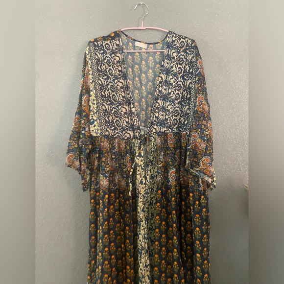 FREE PEOPLE LONG GEO PRINT KIMONO OS MULTICOLOR PATCHWORK BOHO NWOT - Picture 2 of 8